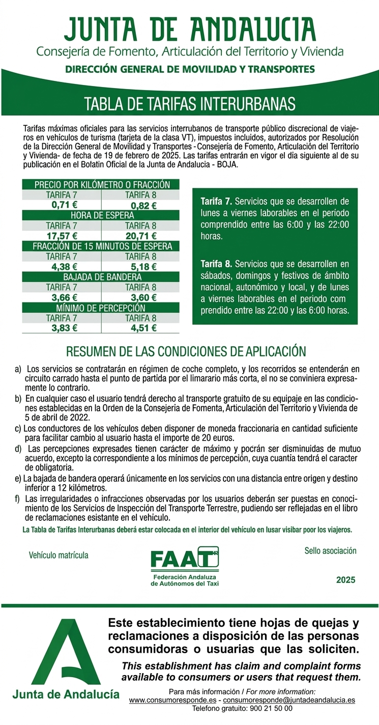 Tabla de tarifas interurbanas 2025 de Puerto Taxi
